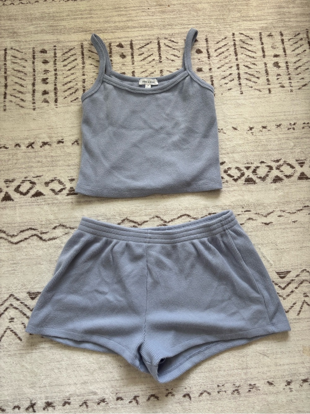 Pink Rose Ribbed Cami & Short Lounge Set - Dusty Blue